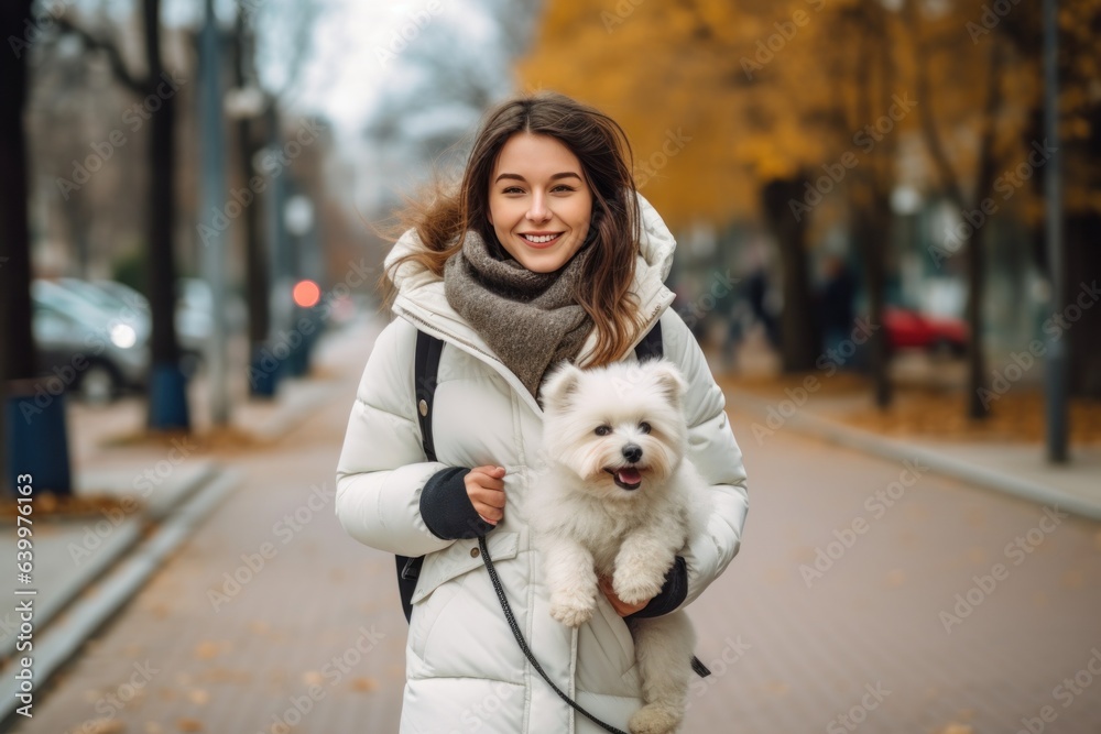 Girl in a white jacket walking down the street with a dog in her arms