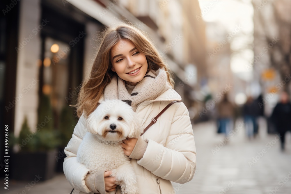 Girl in a white jacket walking down the street with a dog in her arms