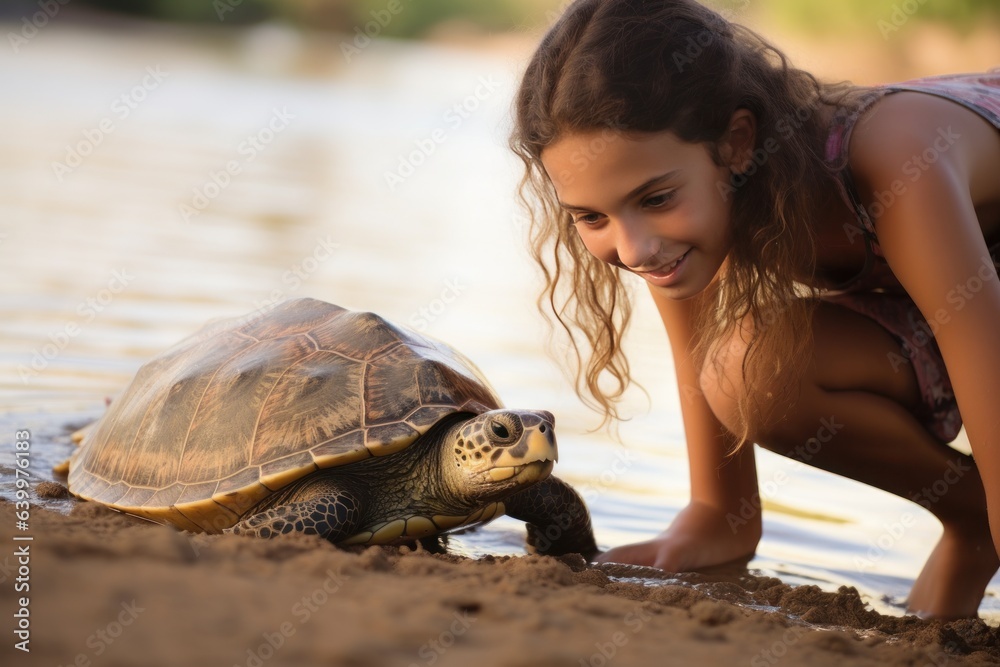 Girl with curly hair looking at turtle