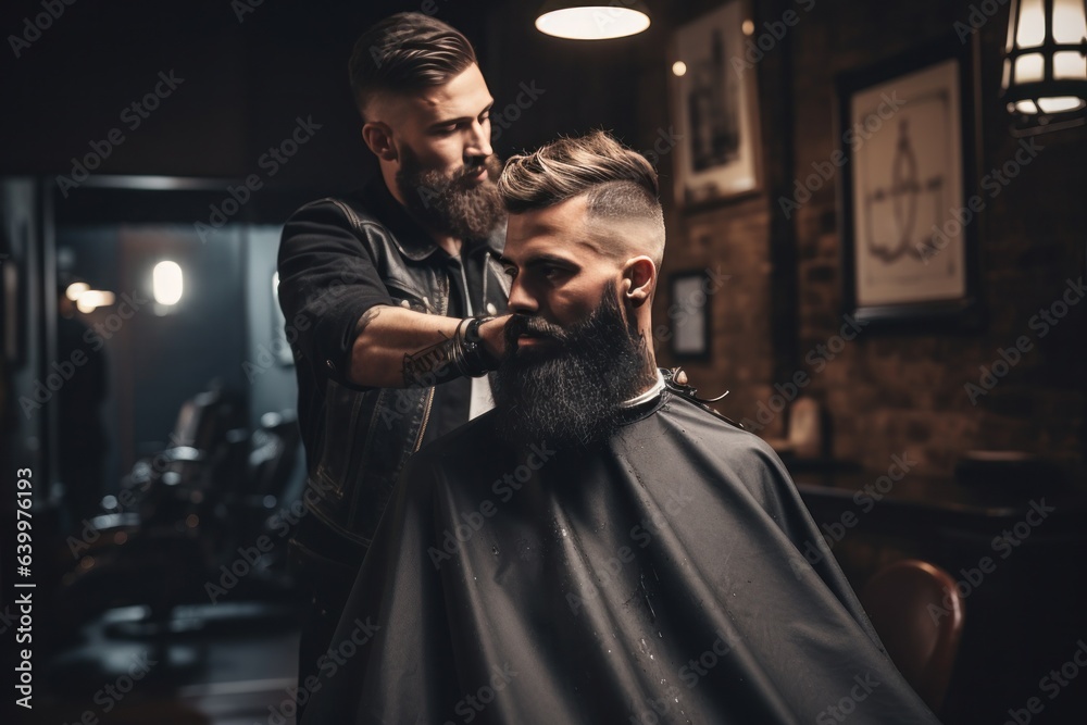 A hairdresser with a beard in a black coat cuts a clients hair