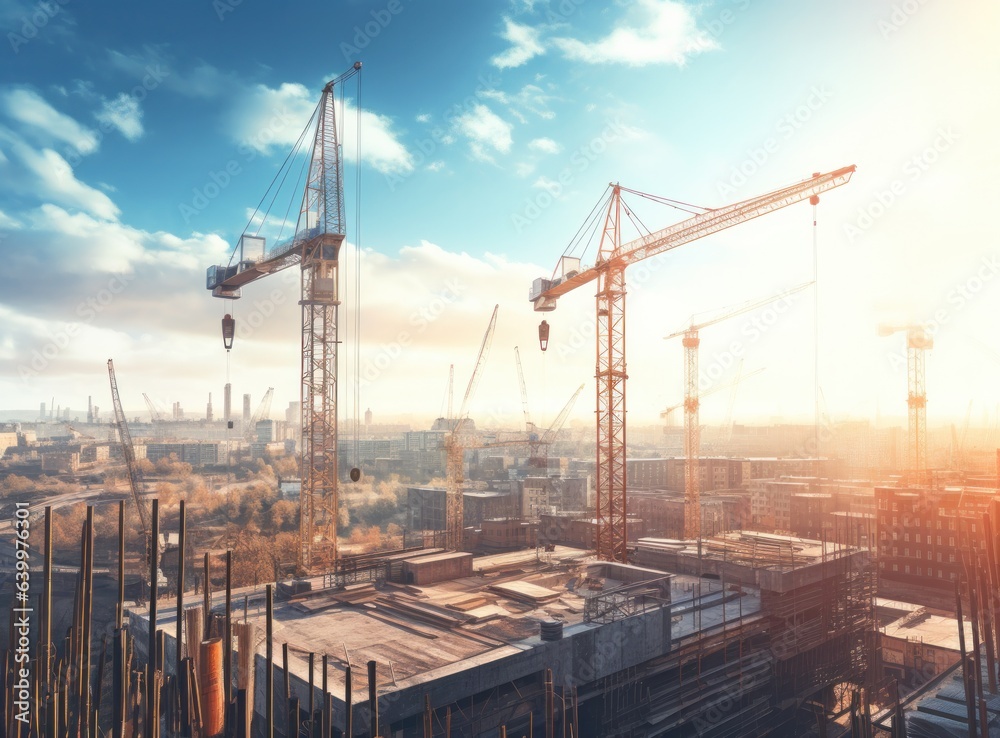 Construction site with cranes on top of buildings