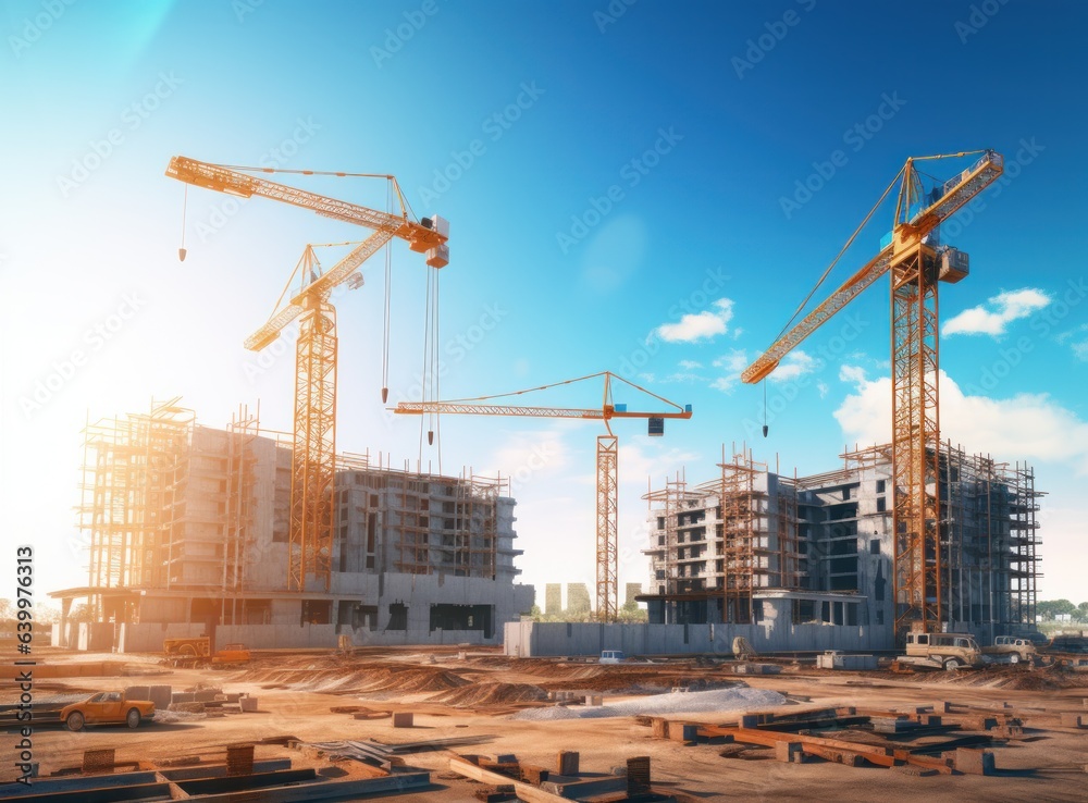 Construction site with cranes on top of buildings