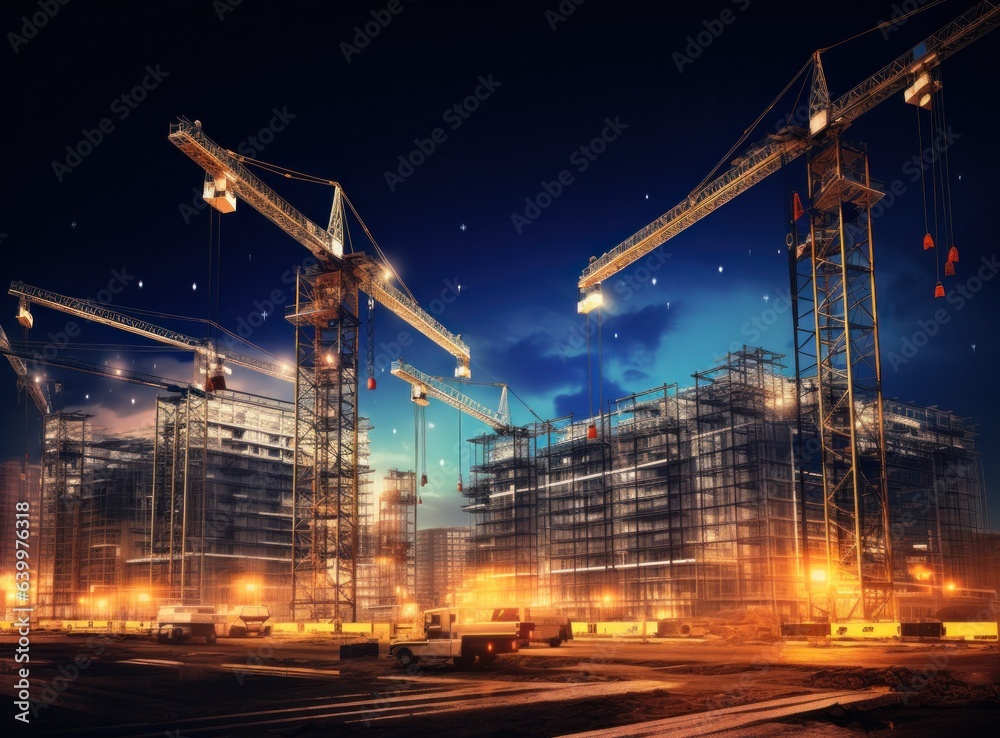 Construction site with cranes on top of buildings