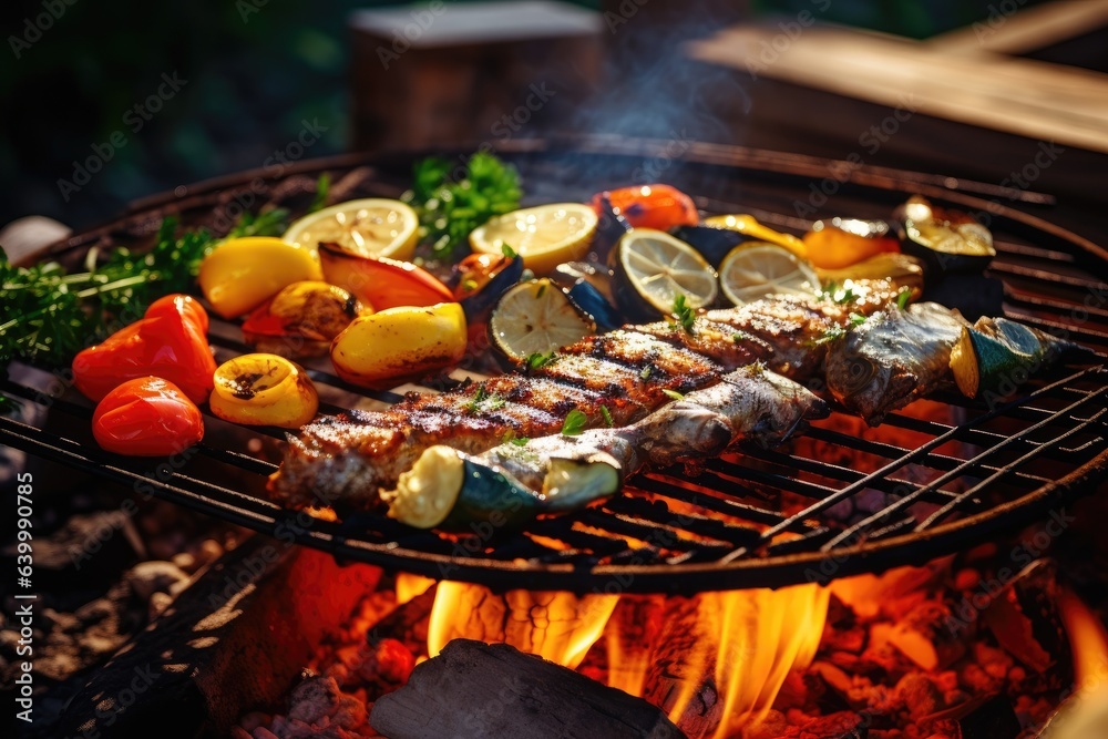 Appetizing grilled fish with grilled vegetables