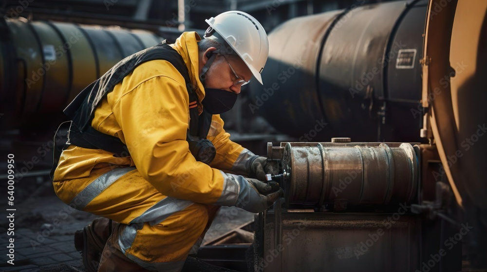 Male worker engineer inspection at steel pipes in station oil factory. Oil and gas industry. Energy 