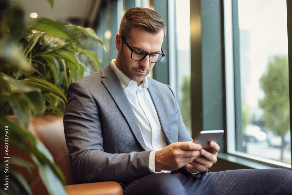 Man using cellphone in front of office