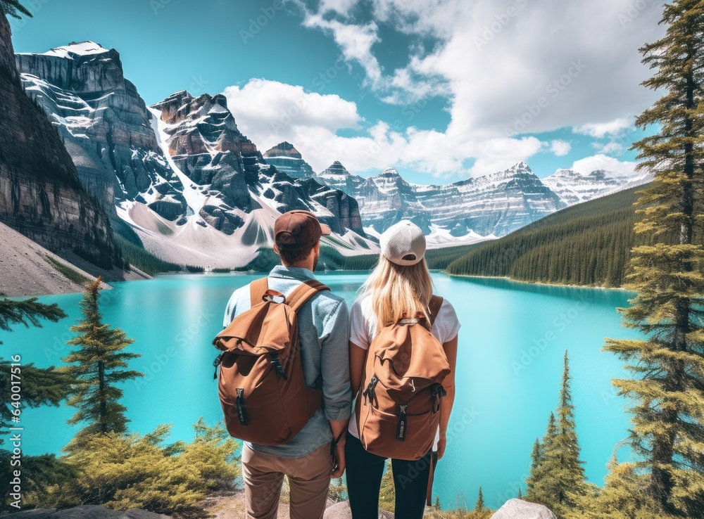 Couples looking at a lake in the mountains