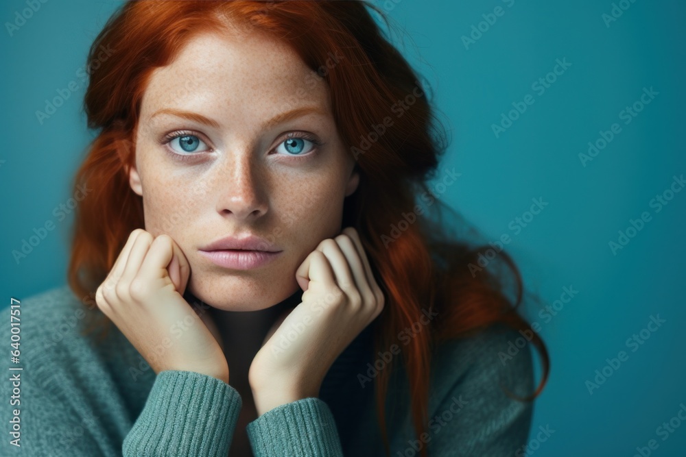 Woman with red hair thinking about something