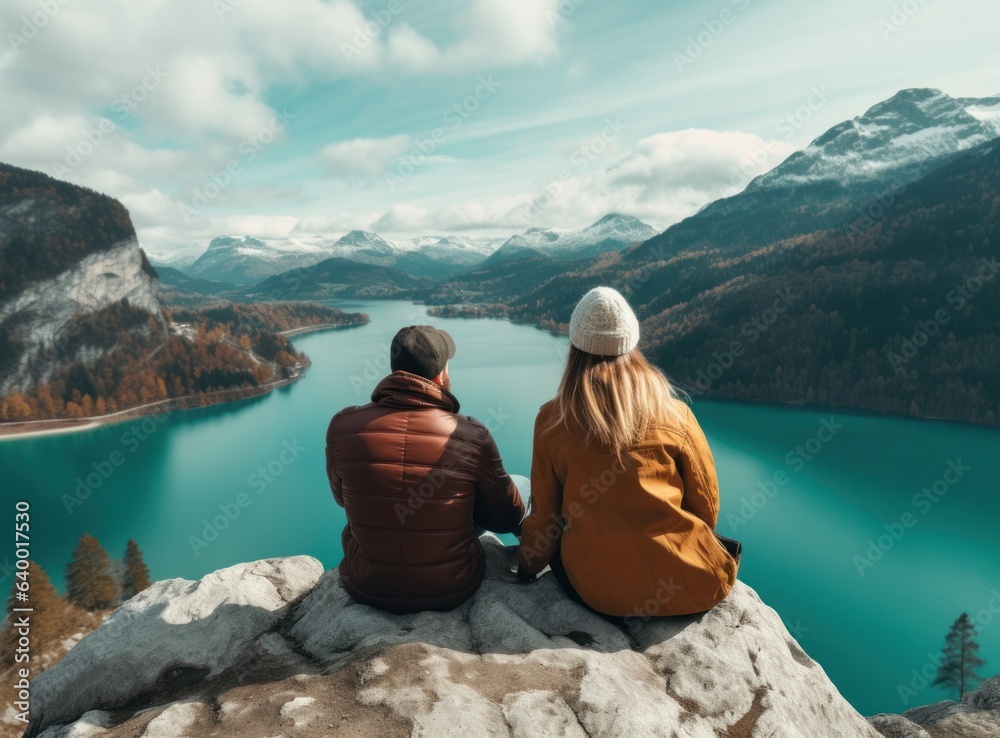 Couples looking at a lake in the mountains