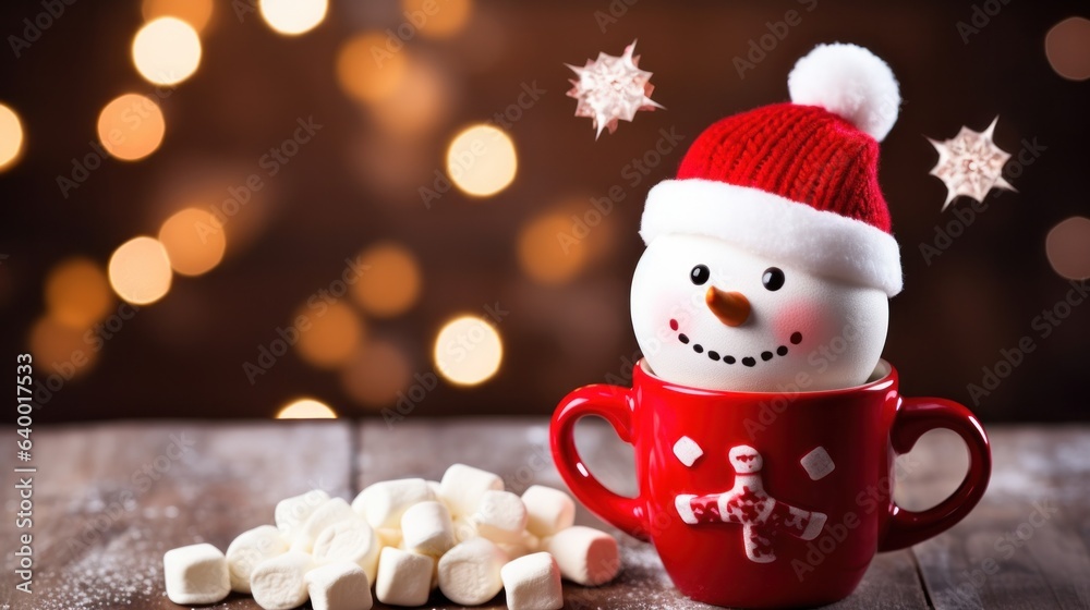 A christmas mug of hot chocolate with little snowman shaped marshmallows