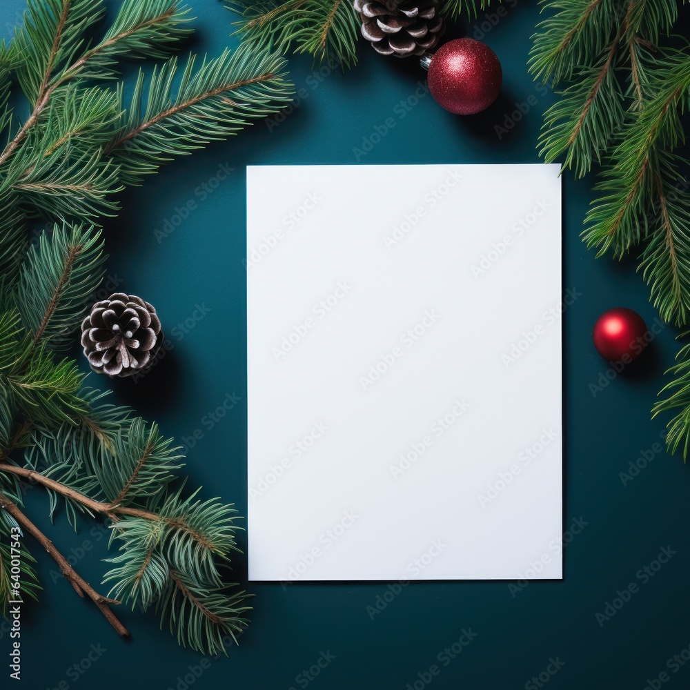  White paper on christmas background covered by fir branches with red