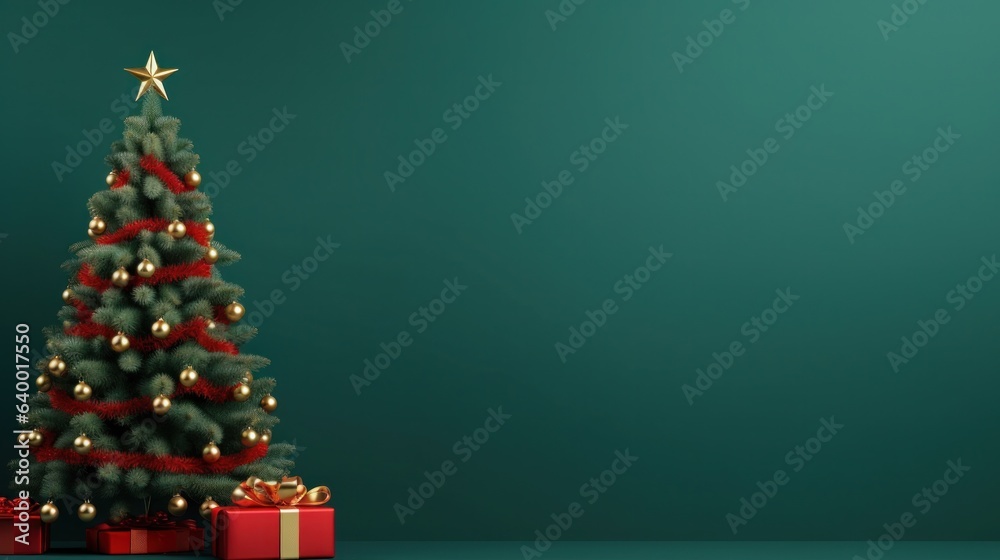 Green wallpaper with Christmas tree