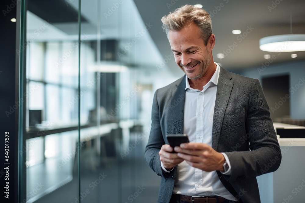 Man using cellphone in front of office