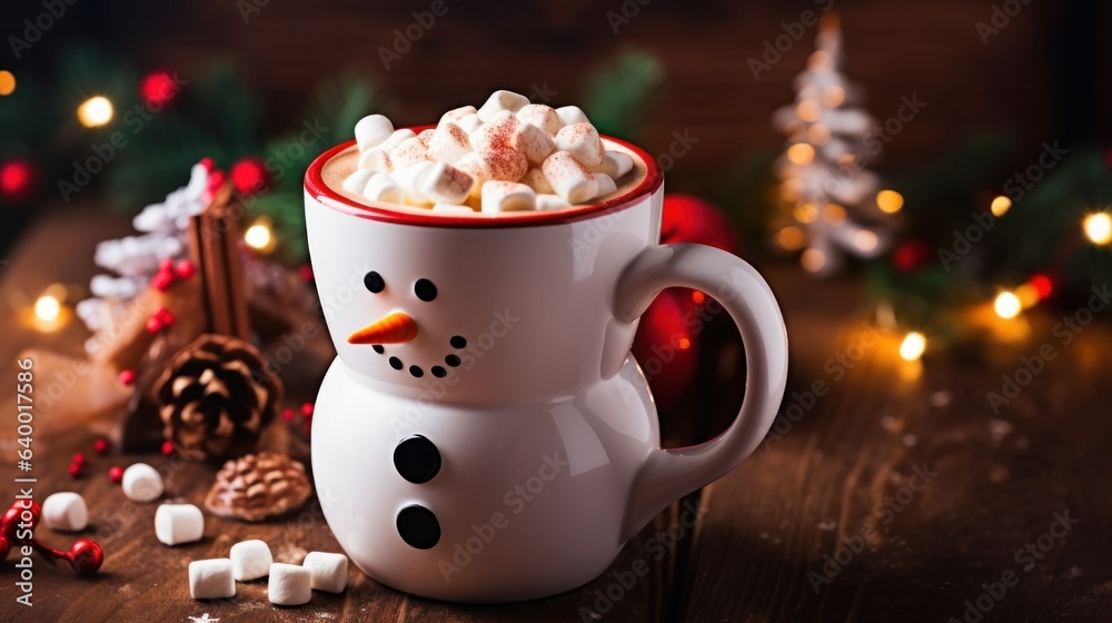 A christmas mug of hot chocolate with little snowman shaped marshmallows