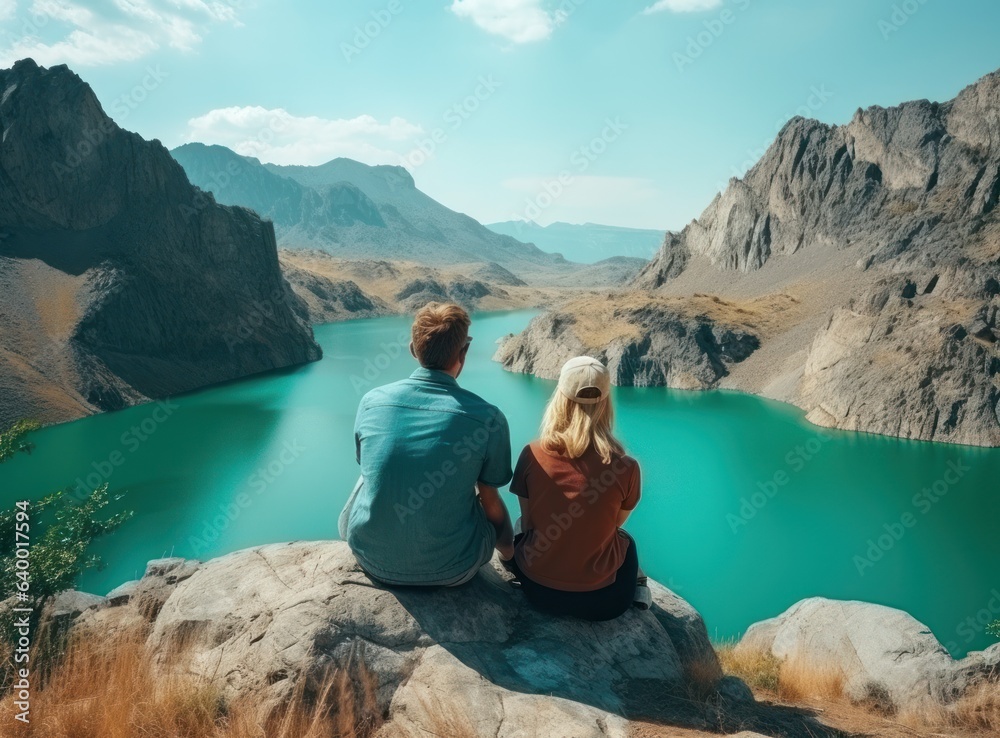 Couples looking at a lake in the mountains