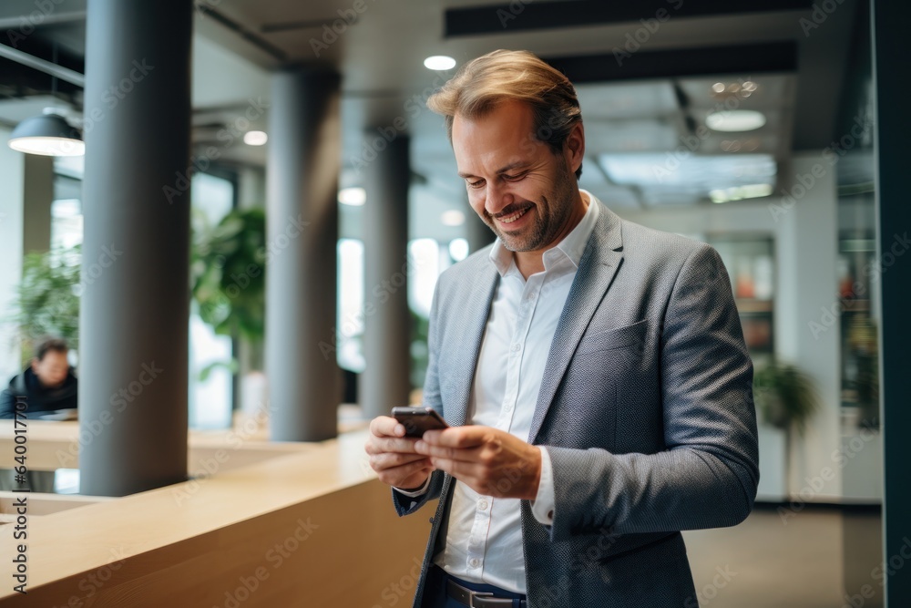 Man using cellphone in front of office