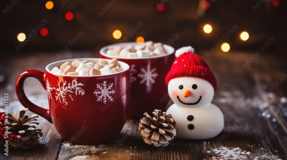 A christmas mug of hot chocolate with little snowman shaped marshmallows