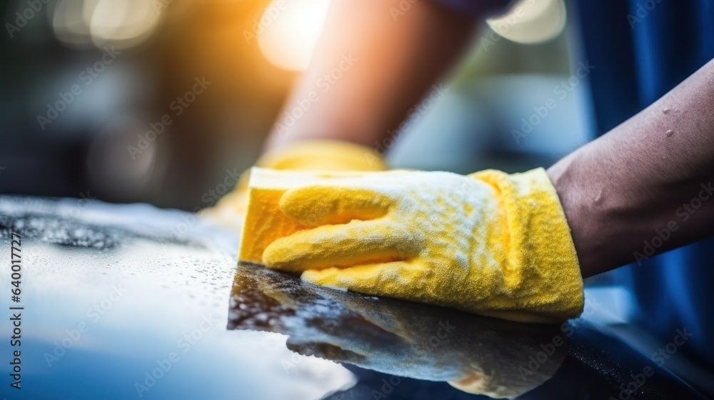 Worker washing car with car wash sponge