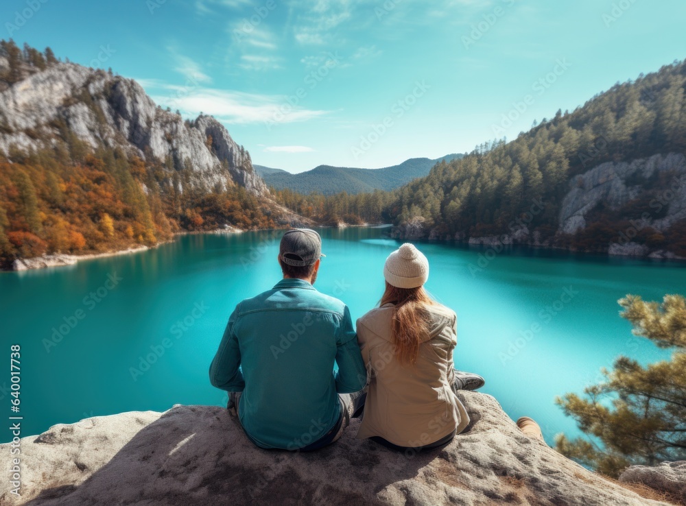 Couples looking at a lake in the mountains