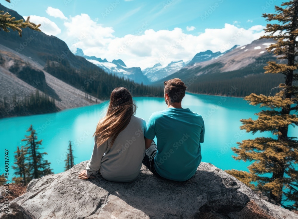 Couples looking at a lake in the mountains