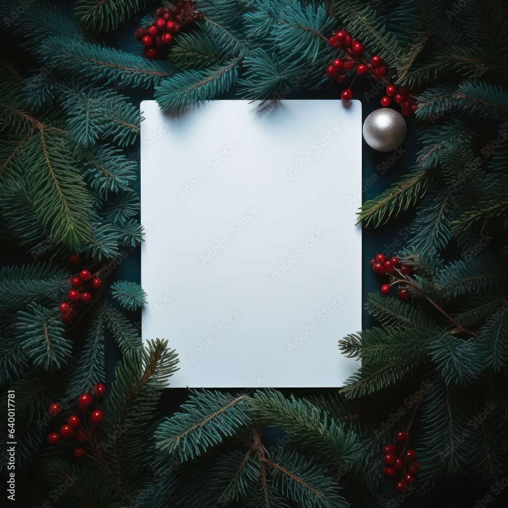  White paper on christmas background covered by fir branches with red