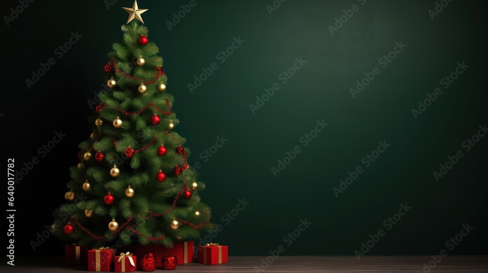 Green wallpaper with Christmas tree