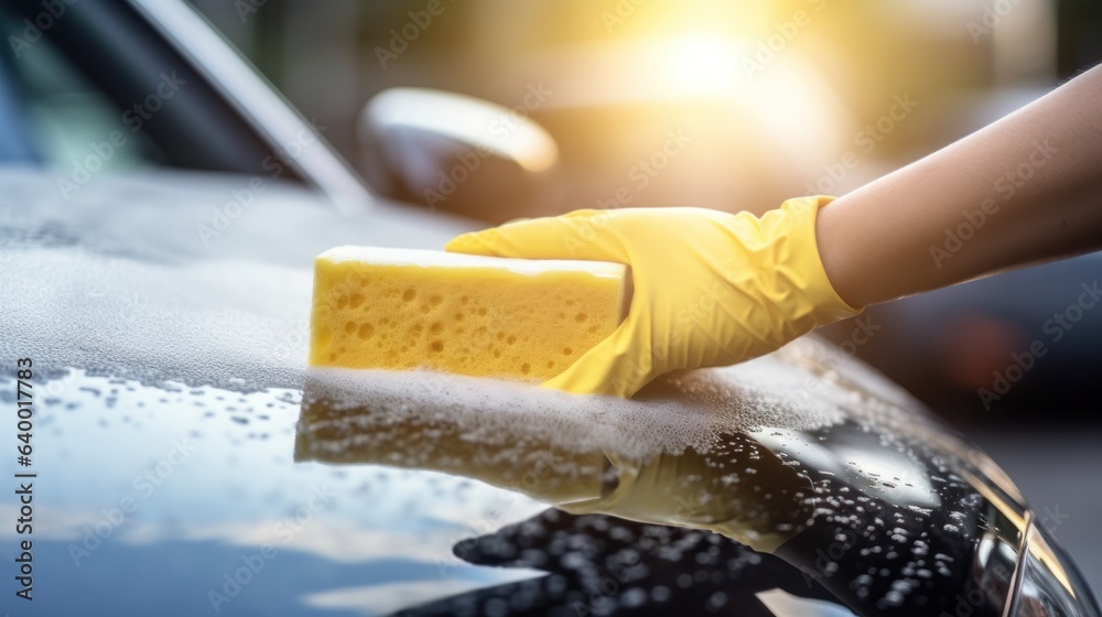 Worker washing car with car wash sponge