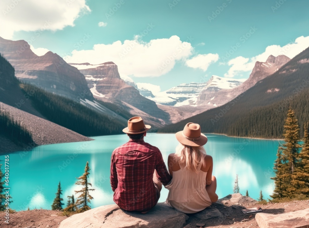 Couples looking at a lake in the mountains