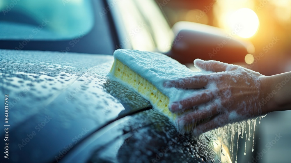 Worker washing car with car wash sponge