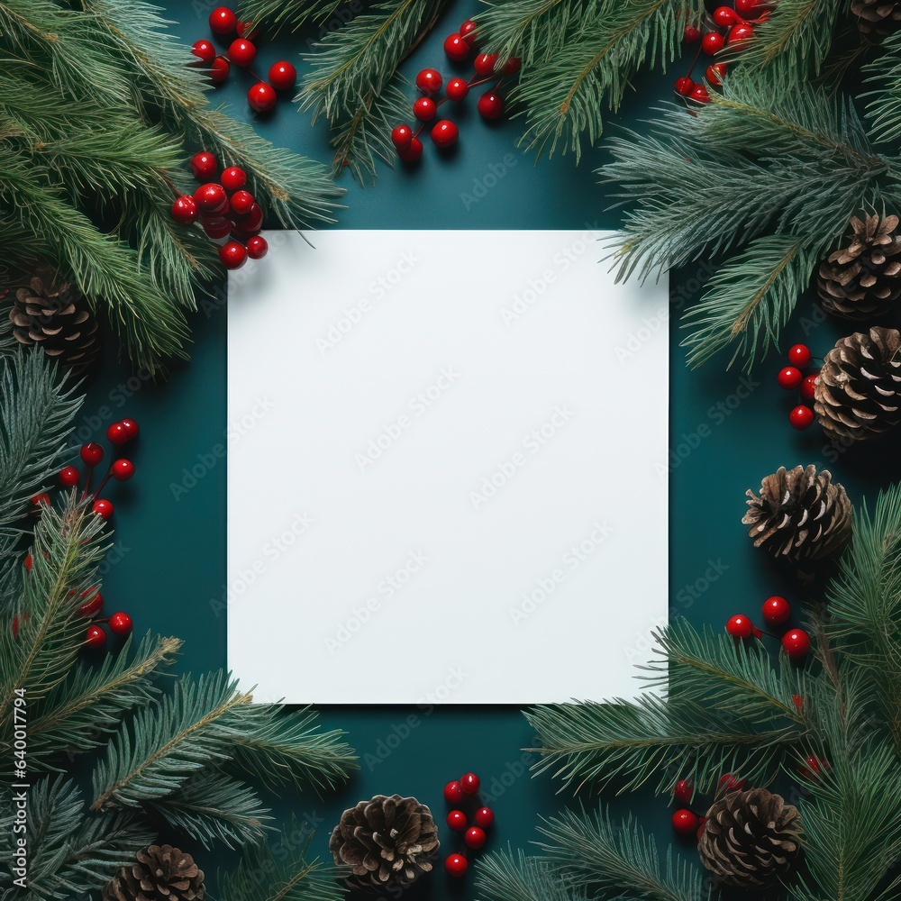  White paper on christmas background covered by fir branches with red