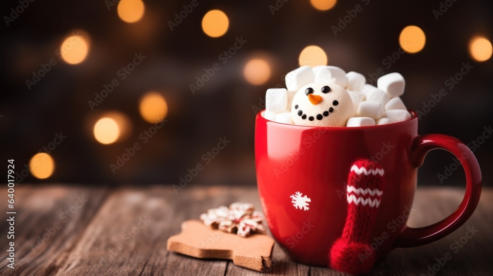 A christmas mug of hot chocolate with little snowman shaped marshmallows