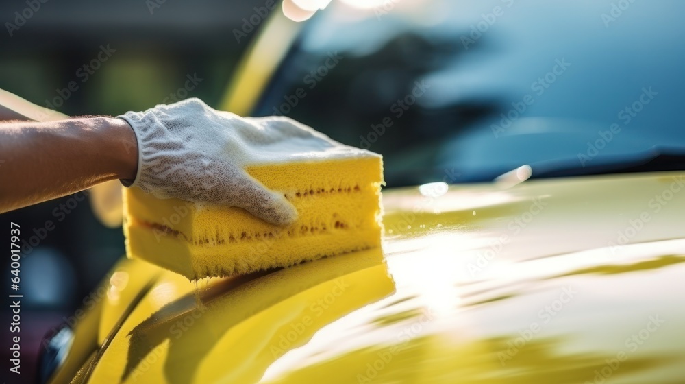 Worker washing car with car wash sponge