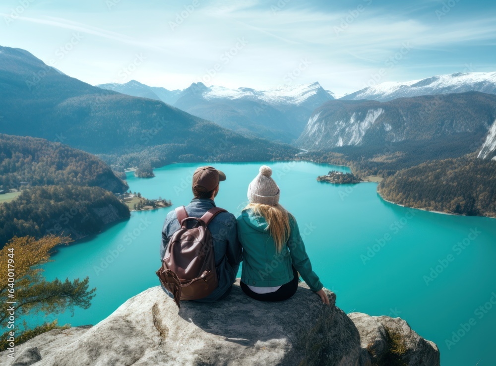 Couples looking at a lake in the mountains