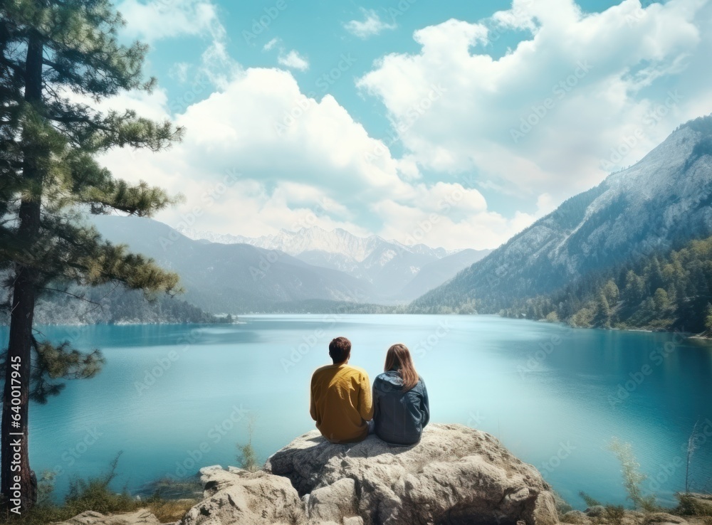 Couples looking at a lake in the mountains