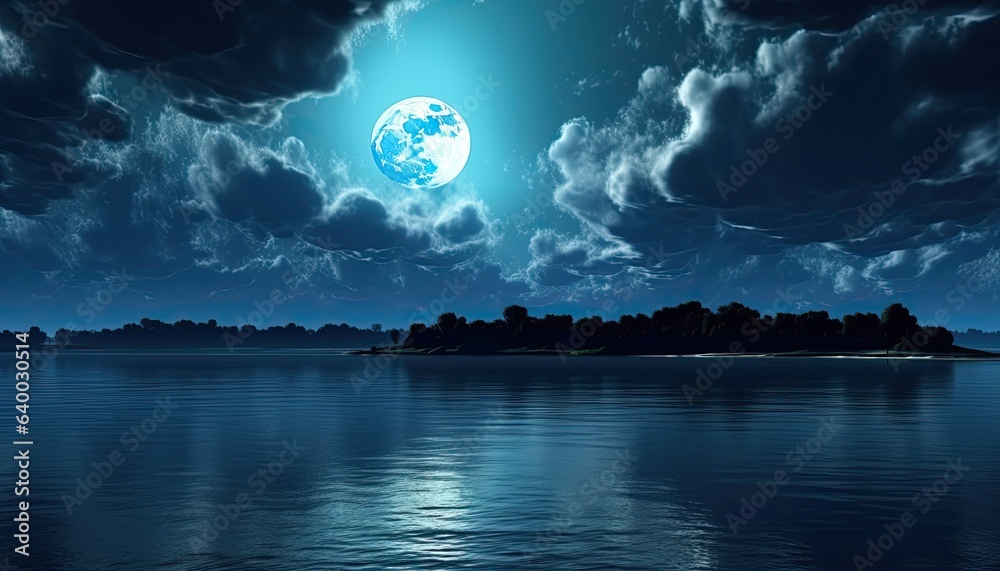 Night sky with full moon over water.