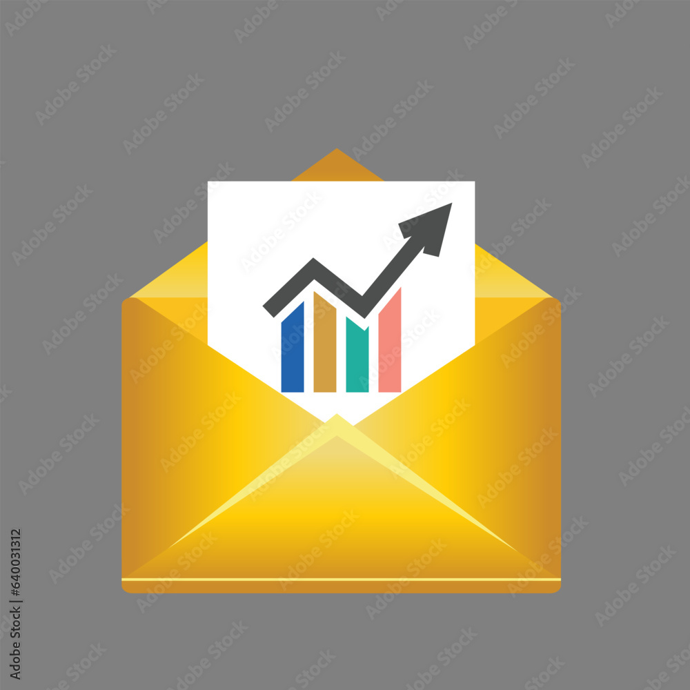 Email marketing. Envelope with chart on dark grey background, vector illustration