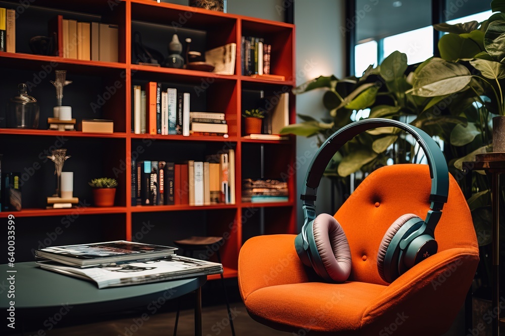 headphones in a chair with a glass of books. Audiobook concept