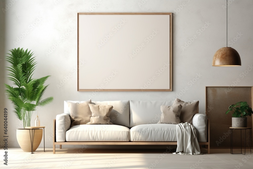 Modern interior with white sofa, lamp, beige room. A white picture in a frame. Mockup.