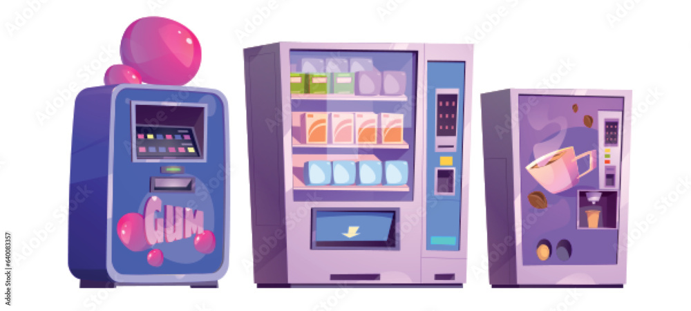 Vending machines with chewing gum, snacks and coffee. Equipment for automatic food and beverage serv