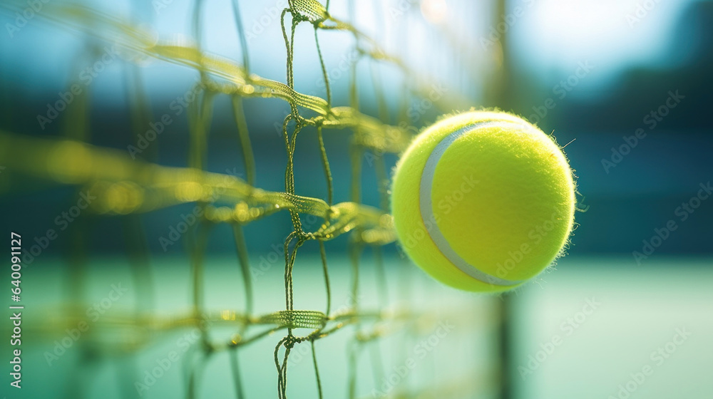 Close up of a tennis ball on a net, a tennis court