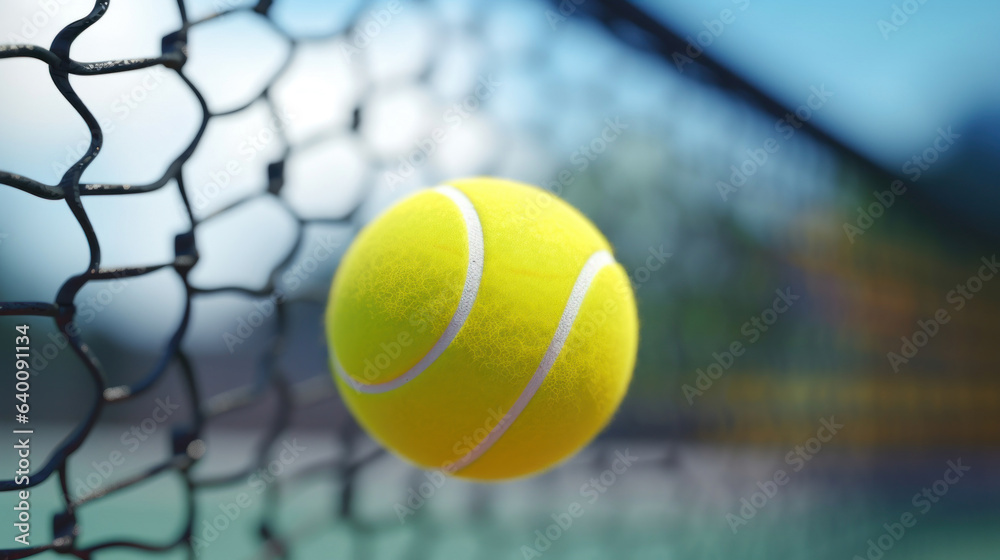 Close up of a tennis ball on a net, a tennis court