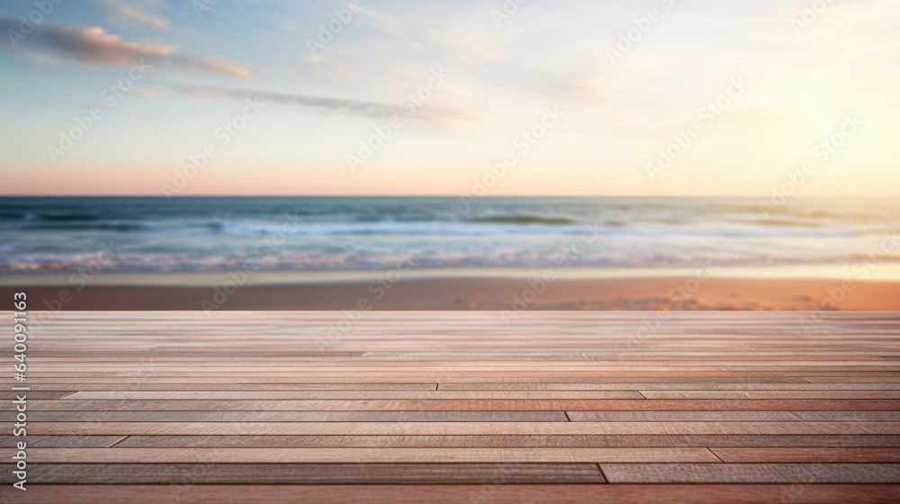 Empty wooden deck with blurred beach for product presentation