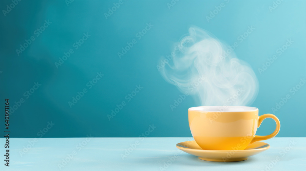 Yellow hot cup of coffee with smoke on pastel blue background, copy space