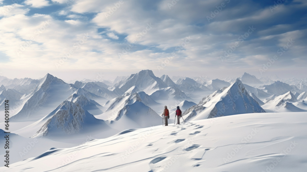 Mountain landscape with snow-covered peaks. Three tourists walking along the valley