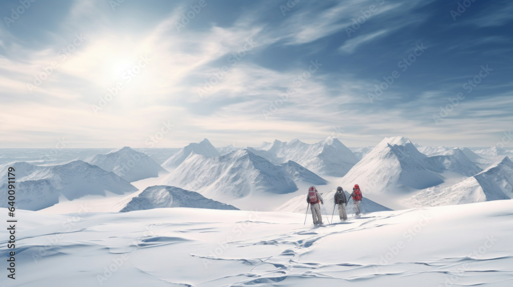 Mountain landscape with snow-covered peaks. Three tourists walking along the valley