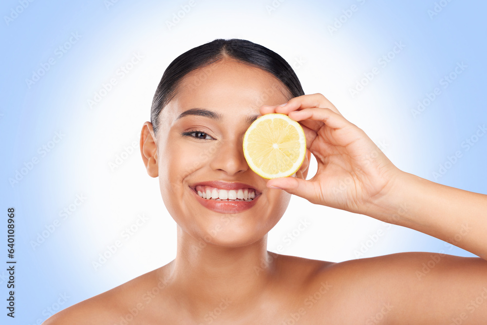 Skincare, studio portrait and happy woman with lemon for organic detox treatment, natural self care 