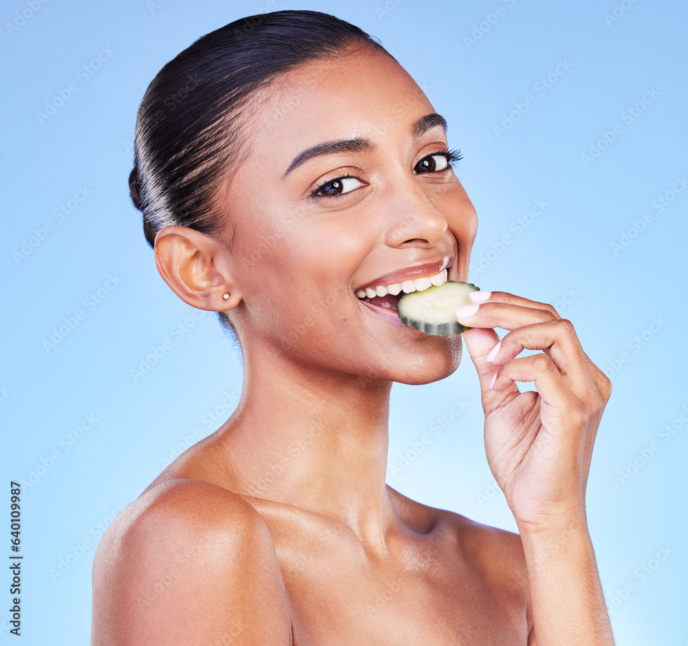 Happy woman, portrait and cucumber in diet, detox or natural nutrition in healthy wellness against a