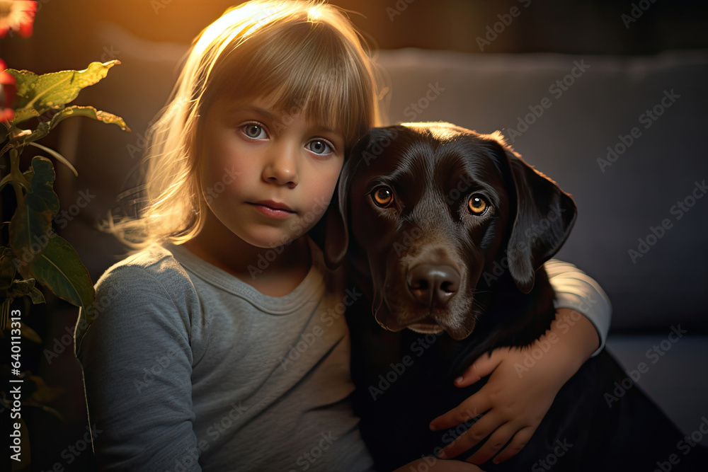 A child with a labrador at home. Generative Ai