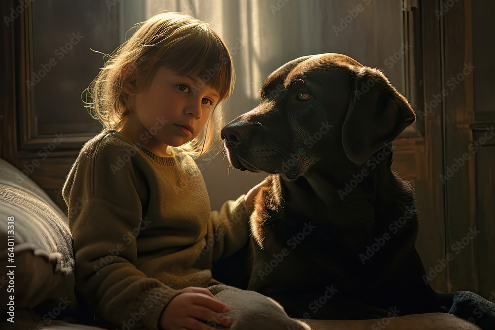 A child with a labrador at home. Generative Ai