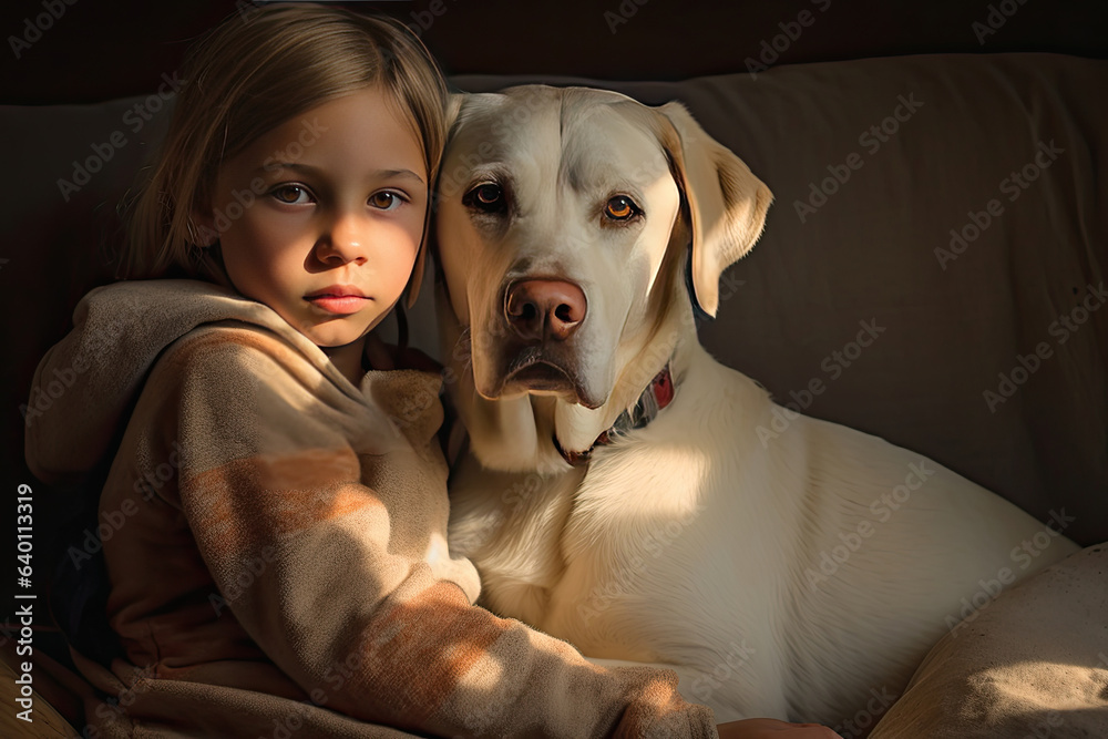 A child with a labrador at home. Generative Ai